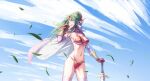  1girl armor armpits bangs bikini bikini_armor blue_eyes breasts cape detached_sleeves eyebrows_visible_through_hair fire_emblem fire_emblem:_mystery_of_the_emblem floating_hair gloves green_hair groin hair_between_eyes hair_ribbon hand_on_hip high_ponytail large_breasts long_hair long_sleeves looking_to_the_side misaomaru navel pink_cape pink_sleeves pointy_ears red_bikini red_gloves red_ribbon ribbon solo standing swimsuit sword thighhighs tiki_(fire_emblem) underboob weapon white_legwear 