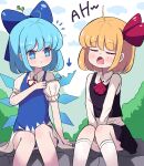  2girls arm_up bangs black_skirt black_vest blonde_hair blue_bow blue_dress blue_eyes blue_hair blush bow bush cirno closed_eyes closed_mouth cloud collar dress eyebrows_visible_through_hair food hair_between_eyes hair_ribbon hand_up ice ice_cream ice_wings long_sleeves looking_at_another multiple_girls open_mouth red_bow red_neckwear red_ribbon ribbon rumia shirt short_hair short_sleeves sitting skirt sky socks spoon sseopik touhou vest white_collar white_legwear white_shirt white_sky white_sleeves wings 