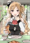  1girl black_shirt black_skirt blonde_hair braid breasts brown_eyes commentary_request croissant cup food french_braid kantai_collection large_breasts long_hair looking_at_viewer remodel_(kantai_collection) shirt skirt solo teacup upper_body wavy_hair yunamaro zara_(kancolle) 