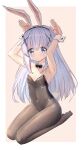  1girl absurdres animal_ears armpits arms_up bare_shoulders black_legwear black_leotard black_neckwear blue_eyes blue_hair bow bowtie breasts bunny_ears bunny_pose bunny_tail detached_collar fake_animal_ears fishnet_legwear fishnets gochuumon_wa_usagi_desu_ka? hair_ornament hairband hairclip highres kafuu_chino leotard long_hair pantyhose pink_background playboy_bunny ray_peng simple_background sitting small_breasts solo strapless strapless_leotard tail thighs wrist_cuffs 