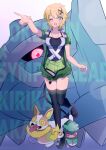  1girl ;d akatsuki_kirika black_footwear black_legwear black_shirt blonde_hair character_request collarbone copyright_name crossover demon_tail full_body gen_3_pokemon gen_8_pokemon gogat8 green_eyes green_jacket green_shorts hair_ornament highres index_finger_raised jacket jewelry looking_at_viewer metagross necklace one_eye_closed open_clothes open_jacket open_mouth pokemon pokemon_(creature) senki_zesshou_symphogear shiny shiny_hair shirt short_hair short_shorts shorts sleeveless sleeveless_shirt smile solo standing standing_on_one_leg tail thigh_gap thighhighs twitter_username x_hair_ornament yamper 