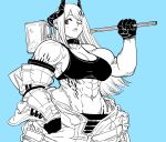  1girl abs arknights bare_shoulders bb_(baalbuddy) biceps blue_background breasts cleavage closed_mouth commentary cowboy_shot english_commentary english_text gloves hammer hand_up highres holding holding_hammer horns jacket large_breasts long_hair mudrock_(arknights) muscular muscular_female navel off_shoulder one_eye_closed over_shoulder red_eyes simple_background solo spot_color standing tank_top weapon weapon_over_shoulder white_background 