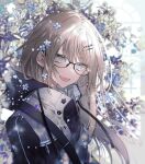  1girl :d blush brown_hair cacao_(chocotto) eyebrows_visible_through_hair fang flower glasses grey_eyes hair_flower hair_ornament hairclip highres long_hair long_sleeves looking_at_viewer open_mouth original smile solo 