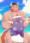 1boy abs absurdres arm_hair bara bare_pectorals beach beard bulge chernobog_(tokyo_houkago_summoners) chest_hair chest_tuft cloud cloudy_sky cup day facial_hair fang food forked_eyebrows furry goatee highres holding holding_cup ice_cream large_pectorals male_focus male_swimwear minotaur muscular muscular_male navel navel_hair nipples pectorals pink_fur purple_apron red_male_swimwear reward_available see-through short_hair sky smile solo stomach sun swim_briefs tail thick_eyebrows thick_thighs thighs tokyo_houkago_summoners yuufreak 