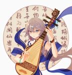  1girl bangs bare_shoulders black_hair blue_eyes bracelet china_dress chinese_clothes chinese_text closed_mouth dress fu_hua fu_hua_(valkyrie_accipter) hair_between_eyes highres holding holding_instrument honkai_(series) honkai_impact_3rd instrument jewelry long_hair looking_at_viewer lute_(instrument) music playing_instrument ponytail simple_background solo tutou_jiang white_background 