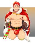  1boy abs absurdres bara bare_pectorals belt black_belt blush bulge cape christmas cropped_legs fur-trimmed_cape fur_trim gift_bag green_eyes highres large_pectorals male_focus muscular muscular_male navel nipples official_alternate_costume pectorals pollux_(tokyo_houkago_summoners) red_cape santa_costume smile solo sparkle stomach thick_thighs thighs tokyo_houkago_summoners yellow_eyes yuufreak 
