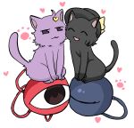  2girls :3 :d ^_^ animalization bangs black_cat black_headwear cat closed_eyes full_body half-closed_eyes hat hat_ribbon heart highres kanonari komeiji_koishi komeiji_koishi_(cat) komeiji_satori komeiji_satori_(cat) looking_at_another multiple_girls open_mouth paws pink_cat purple_eyes ribbon simple_background smile third_eye touhou white_background yellow_ribbon 