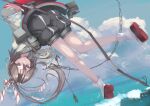 1girl absurdres blue_sky bow_(weapon) cloud commentary_request day fei_(feikotake) full_body grey_hair hachimaki hakama_pants headband high_ponytail highres japanese_clothes kantai_collection long_hair looking_at_viewer machinery outdoors ponytail sky solo weapon zuihou_(kancolle) 