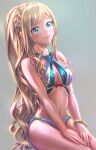  1girl aomaru_kazumi bikini blonde_hair blush braid breasts danganronpa:_trigger_happy_havoc danganronpa_(series) green_eyes grey_background head_tilt highres long_hair medium_breasts sitting smile solo sonia_nevermind swimsuit thighs very_long_hair 