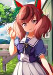  1girl ame. animal_ears black_bow blue_sky bow brown_eyes brown_hair building cloud cloudy_sky commentary_request day fence hand_up highres horse_ears horse_girl horse_tail looking_at_viewer multicolored_hair nice_nature_(umamusume) outdoors parted_lips pleated_skirt puffy_short_sleeves puffy_sleeves purple_shirt school_uniform shirt short_sleeves skirt sky smile solo streaked_hair tail tracen_school_uniform tree twintails umamusume white_skirt window 