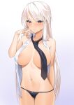  1girl absurdres areola_slip areolae azur_lane bangs bare_arms bare_shoulders black_panties blue_eyes blush breasts closed_mouth collared_shirt commentary enterprise_(azur_lane) eyebrows_visible_through_hair gradient gradient_background highres large_breasts long_hair looking_at_viewer lordol navel necktie no_bra open_clothes panties shirt short_sleeves simple_background sleeveless solo underwear white_shirt 