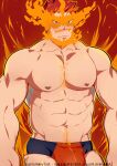  1boy abs alternate_costume bara bare_pectorals beard blue_male_swimwear boku_no_hero_academia bulge chest_hair cowboy_shot facial_hair fiery_hair fire highres large_pectorals male_focus mature_male muscular muscular_male navel navel_hair nipples pectorals print_male_swimwear red_male_swimwear short_hair solo spiked_hair stomach todoroki_enji yuufreak 