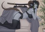 1girl artist_name ass bangs black_bra black_hair black_legwear black_nails blanket bra breasts colored_skin commentary commission copyright_request couch curtains dragon_horns dragon_tail foot_out_of_frame from_side garter_belt garter_straps green_eyes green_hair horns katana long_hair looking_at_viewer panties plant pointy_ears sheath shellvi smile solo sword tail thighhighs underwear underwear_only weapon 
