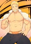  1boy absurdres alternate_pectoral_size bara bare_pectorals blush boruto:_naruto_next_generations clothes_pull facial_mark feet_out_of_frame fundoshi hakama_pants highres jacket jacket_on_shoulders japanese_clothes large_pectorals looking_at_viewer male_focus muscular muscular_male naruto_(series) navel nipples older one_eye_closed orange_male_underwear pants pants_pull pectorals pulled_by_self reward_available short_hair solo stomach thumbs_up uzumaki_naruto whisker_markings yuufreak 