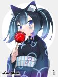  1girl animal_ear_fluff animal_ears bangs black_hair black_kimono blue_hair blush candy_apple commentary commission covered_mouth english_commentary eyebrows_visible_through_hair facial_mark food gradient_hair grey_background highres holding holding_food japanese_clothes kimono kuro_kosyou long_sleeves looking_at_viewer multicolored_hair obi original purple_eyes purple_kimono sash skeb_commission solo star_(symbol) streaked_hair two-tone_background upper_body white_background wide_sleeves 
