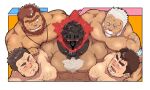  5boys age_difference amatsumara_(tokyo_houkago_summoners) arm_around_shoulder arm_hair back_hair bara blush boy_sandwich chest_hair completely_nude cross_scar dark-skinned_male dark_skin facial_hair fire forked_eyebrows goatee grin hairy hand_on_another&#039;s_shoulder helmet highres houzouin_oniwaka jinn_(tokyo_houkago_summoners) kengo_(tokyo_houkago_summoners) large_pectorals long_sideburns male_focus male_harem mature_male multiple_boys muscular muscular_male nipples nude old old_man pectoral_docking pectoral_press pectorals sandwiched scar_on_forehead shigetashigezo short_hair sideburns smile stubble surtr_(tokyo_houkago_summoners) thick_eyebrows tokyo_houkago_summoners unibrow upper_body white_hair yaoi 