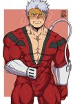  1boy bara blush bodysuit boku_no_hero_academia breath bulge cleavage_cutout clothing_cutout covered_abs covered_nipples cowboy_shot cross_scar erection erection_under_clothes fangs highres kan_sekijirou large_pectorals looking_at_viewer male_cleavage male_focus mature_male muscular muscular_male pectorals red_bodysuit scar scar_on_cheek scar_on_face short_hair solo thighs tofuboyz white_hair 