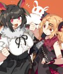  2girls :d akatsuki_uni animal_ears bangs bat_ears bat_wings black_dress black_gloves black_hair black_jacket black_ribbon black_skirt breasts brown_background center_frills character_request clenched_hands commentary_request dress eyebrows_visible_through_hair frills fur_collar gloves hair_between_eyes hair_ornament hairclip jacket karei light_brown_hair long_hair medium_breasts multiple_girls neck_ribbon open_mouth parted_bangs parted_lips partially_fingerless_gloves pleated_skirt puffy_short_sleeves puffy_sleeves red_eyes red_wings ribbon shirt short_sleeves skirt smile uni_create very_long_hair white_shirt wings zipper_pull_tab 