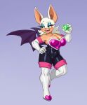  1girl absurdres animal_ears armor bare_shoulders bat_girl bat_wings bodysuit boots breastplate breasts chaos_emerald cleavage elbow_gloves eyeshadow fangs furry gloves green_eyes hand_on_hip highres large_breasts leg_up makeup open_mouth riz rouge_the_bat short_hair solo sonic_(series) standing thigh_boots thighhighs white_gloves white_hair wings 
