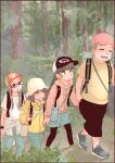  1boy 3girls :d backpack bag baseball_cap black_hair braid brown_hair closed_eyes forest glasses hat highres jacket kyaradain multiple_girls nature open_mouth original outdoors round_eyewear short_shorts shorts smile thermos walking 