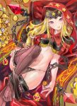  1girl blonde_hair breasts chain coin highres hood hoodie jewelry medium_hair midriff navel odin_sphere pantyhose puff_and_slash_sleeves puffy_sleeves purple_eyes red_hood ring small_breasts solo striped striped_legwear tim_(a9243190a) velvet_(odin_sphere) vertical-striped_legwear vertical_stripes 