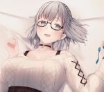  1girl aqua_eyes bed bed_sheet black_choker blue_ribbon blush braid breasts choker commentary crown_braid eyebrows_visible_through_hair glasses grey_sweater highres hololive large_breasts looking_at_viewer lying moubun_nisei official_alternate_costume on_back on_bed open_mouth ribbed_sweater ribbon semi-rimless_eyewear shirogane_noel short_hair silver_hair smile snowflake_choker solo sweater sweater_tucked_in upper_body virtual_youtuber watch wristwatch 