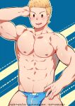  1boy abs bara bare_pectorals blonde_hair blue_eyes blue_male_swimwear boku_no_hero_academia bulge cowboy_shot highres male_focus male_swimwear muscular muscular_male navel nipples pectorals short_hair smile solo spiked_hair stomach swim_briefs togata_mirio yuufreak 