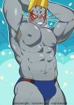  1boy abs armpits arms_behind_head bara bare_pectorals blue_male_swimwear boku_no_hero_academia bulge fins fish_boy furry highres large_pectorals looking_at_viewer male_focus male_swimwear muscular muscular_male navel nipples pectorals selkie_(boku_no_hero_academia) short_hair smile solo stomach swim_briefs thick_thighs thighs whiskers yuufreak 