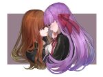  2girls bangs bb_(fate) bb_(fate)_(all) black_sailor_collar black_serafuku black_shirt blush border bow brown_eyes brown_hair chakku_kanda collared_shirt eyebrows_visible_through_hair fate/extra fate/extra_ccc fate_(series) grey_background hair_between_eyes hair_bow imminent_kiss kishinami_hakuno_(female) long_hair multiple_girls neck_ribbon purple_hair red_bow red_ribbon ribbon sailor_collar sailor_shirt school_uniform serafuku shiny shiny_hair shirt straight_hair upper_body very_long_hair white_border yuri 