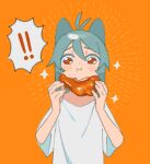  ! !! 1girl bangs eating food grey_hair long_hair niwabuki orange_background original shirt short_sleeves simple_background solo sparkle upper_body white_shirt 