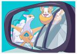  alternate_color bird blue_eyes border car claws cloud commentary_request fangs gen_3_pokemon gen_8_pokemon green_eyes ground_vehicle highres lamppost latias legendary_pokemon looking_at_another mirror motor_vehicle no_humans open_mouth parted_lips pokemon pokemon_(creature) rear-view_mirror reflection saiku_(zvlku) shiny shiny_pokemon tongue tongue_out white_border window yamper 