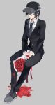  1boy alternate_costume bangs black_footwear black_hair black_jacket black_pants bouquet chachi_(azuzu) collared_shirt commentary_request danganronpa_(series) danganronpa_v3:_killing_harmony flower full_body grey_background hat invisible_chair jacket looking_at_viewer male_focus necktie pants red_flower red_rose rose saihara_shuuichi shirt shoes short_hair simple_background sitting solo white_shirt yellow_eyes 