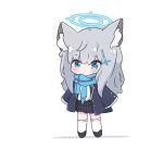  1girl animal_ear_fluff animal_ears bangs black_footwear black_skirt blazer blue_archive blue_eyes blue_jacket blue_scarf blush cat_ears chibi closed_mouth commentary eyebrows_visible_through_hair fringe_trim full_body grey_hair hair_between_eyes hair_ornament halo jacket kneehighs kurotofu long_hair open_clothes open_jacket pleated_skirt scarf shadow shiroko_(blue_archive) shirt shoes skirt solo standing white_background white_legwear white_shirt 