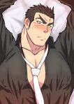  1boy aizen_(tokyo_houkago_summoners) arms_up bara black_shirt blush covered_nipples forehead_jewel forked_eyebrows head_tilt large_pectorals long_sideburns looking_at_viewer lying male_cleavage male_focus muscular muscular_male necktie on_back on_bed partially_unbuttoned pectoral_focus pectorals shigetashigezo shirt short_hair sideburns solo thick_eyebrows tokyo_houkago_summoners upper_body 