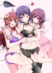  3girls absurdres ahoge bangs black_bra black_choker black_garter_belt black_garter_straps black_legwear black_panties blush bra breasts brown_eyes brown_hair choker cleavage collarbone curled_horns demon_girl demon_horns demon_tail eggman_(pixiv28975023) eyebrows_visible_through_hair family fang frilled_bra frilled_panties frills garter_belt garter_straps groin hair_between_eyes heart highres horns large_breasts lilith_(machikado_mazoku) lingerie long_hair looking_at_viewer lying machikado_mazoku mature_female medium_breasts mother_and_daughter multiple_girls navel on_back one_eye_closed open_mouth panties purple_bra purple_eyes purple_hair purple_panties red_hair revision short_hair siblings sisters smile statue tail thighhighs underwear underwear_only yoshida_ryouko yoshida_seiko yoshida_yuuko_(machikado_mazoku) 