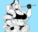  1girl abs arknights bare_shoulders bb_(baalbuddy) biceps blue_background breasts cleavage closed_mouth commentary cowboy_shot english_commentary english_text gloves hammer hand_up highres holding holding_hammer horns huge_breasts jacket long_hair mudrock_(arknights) muscular muscular_female navel off_shoulder one_eye_closed over_shoulder red_eyes simple_background solo spot_color standing tank_top weapon weapon_over_shoulder white_background 