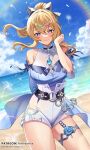  1girl bare_shoulders beach blonde_hair blue_eyes blue_sky blush bow breasts brooch cloud dandelion detached_sleeves falling_petals flower genshin_impact hair_bow high-waist_shorts high_ponytail highres jean_gunnhildr jewelry large_breasts looking_at_viewer outdoors pantheon_eve petals rainbow sand shore sidelocks sky smile standing thighlet thighs water 