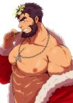  1boy abs bara bare_pectorals beard cigar ded_(tokyo_houkago_summoners) dog_tags facial_hair forked_eyebrows halo jacket large_pectorals looking_at_viewer male_focus mature_male muscular muscular_male navel nipples official_alternate_costume open_clothes open_jacket pectorals santa_costume shigetashigezo short_hair single_bare_shoulder smirk smoking solo stomach tokyo_houkago_summoners undressing upper_body 