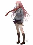  1girl 2021 absurdres artist_name black_legwear black_skirt blazer darling_in_the_franxx dated floating_hair full_body hairband highres horns jacket kneehighs kuza_brs loafers long_hair miniskirt necktie open_clothes open_jacket pink_hair pleated_skirt profile red_scarf scarf school_uniform shirt shoes simple_background skirt solo standing striped striped_neckwear very_long_hair white_background white_hairband white_shirt zero_two_(darling_in_the_franxx) 