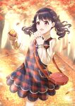  1girl autumn autumn_leaves bag black_hair dress fang food fukumaru_koito hair_ornament hair_ribbon handbag holding holding_food idolmaster idolmaster_shiny_colors leaf looking_at_viewer maple_leaf open_mouth outdoors plaid plaid_dress purple_eyes ribbon shingo_(picturepuzzle) short_hair solo tree twintails 