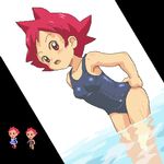  :o adjusting_clothes adjusting_swimsuit armpits bare_shoulders collarbone dutch_angle hands_on_hips kasuga_(kasuga39) kumatora looking_back lowres mother_(game) mother_3 one-piece_swimsuit open_mouth pink_hair pixel_art red_eyes school_swimsuit skin_tight swimsuit wading water 