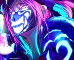  absurdres akali colored_eyelashes glowing gorro_azul hat highres holding k/da_(league_of_legends) k/da_akali league_of_legends mask multicolored_hair pink_hair signature smile solo spray_can yellow_eyes 