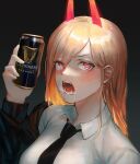  1girl absurdres black_background black_neckwear blonde_hair chainsaw_man collared_shirt crosshair_pupils demon_girl demon_horns drink guinness_(beer) highres holding holding_drink horns open_collar power_(chainsaw_man) red_eyes red_horns sharp_teeth shirt teeth white_shirt yeoneomilk 