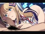  1boy 1girl :o all_fours ass black_panties blonde_hair blue_eyes blush bush censored epaulettes erection eyebrows_visible_through_hair fourragere hair_between_eyes hair_ornament handjob highres long_hair looking_at_penis mosaic_censoring nagioka necktie panties penis smile star_ocean star_ocean_anamnesis underwear uniform 