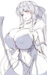  1girl alternate_breast_size blue_eyes blush breasts cleavage cloak curvy fate/grand_order fate_(series) garter_belt garters highres hirasawa_seiji huge_breasts morgan_le_fay_(fate) navel revealing_clothes silver_hair simple_background sketch staff tied_hair white_background work_in_progress 