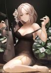  1girl absurdres assault_rifle aug_(girls&#039;_frontline) black_dress breasts brown_eyes brown_hair bullpup cleavage covered_navel dress flower flower_request girls&#039;_frontline gun hair_flower hair_ornament highres lace-trimmed_ribbon lace_trim long_dress long_hair medium_breasts ponytail ra_9rara ribbon rifle scope sitting solo steyr_aug strap_slip wariza weapon 