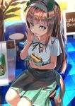  1girl bangs blunt_bangs brown_hair burger collarbone eating food food_on_face food_wrapper french_fries green_eyes hairband holding holding_food indoors jewelry long_hair necklace open_mouth silence_suzuka_(umamusume) sitting solo stool tile_floor tiles tray umamusume yamahara 