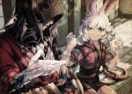  1boy 1girl animal_ears bandaged_hands bandages bandaid bandaid_on_leg bunny_ears chakram child crystal crystal_exarch final_fantasy final_fantasy_xiv food grey_eyes highres hood hood_up long_hair looking_at_another lyna_(ff14) mihira_(tainosugatayaki) sandwich shorts sitting smile viera weapon white_hair younger 