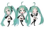  1girl absurdly_long_hair ahoge aqua_eyes aqua_hair aqua_neckwear black_footwear black_legwear black_panties black_sleeves boots closed_eyes collared_shirt detached_sleeves grey_shirt hands_up hatsune_miku highres korpokkur_kne long_hair multiple_views necktie open_mouth panties shirt simple_background smile standing thigh_boots thighhighs underwear very_long_hair vocaloid white_background 