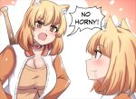  2girls animal_collar animal_ear_fluff animal_ears baseball_bat blonde_hair blush breasts cheemsburger_(doge) cleavage closed_mouth collar dog_ears dog_girl doge drooling english_text highres hinghoi jacket large_breasts meme merryweather multiple_girls open_mouth orange_eyes original personification saliva shirt smile speech_bubble 